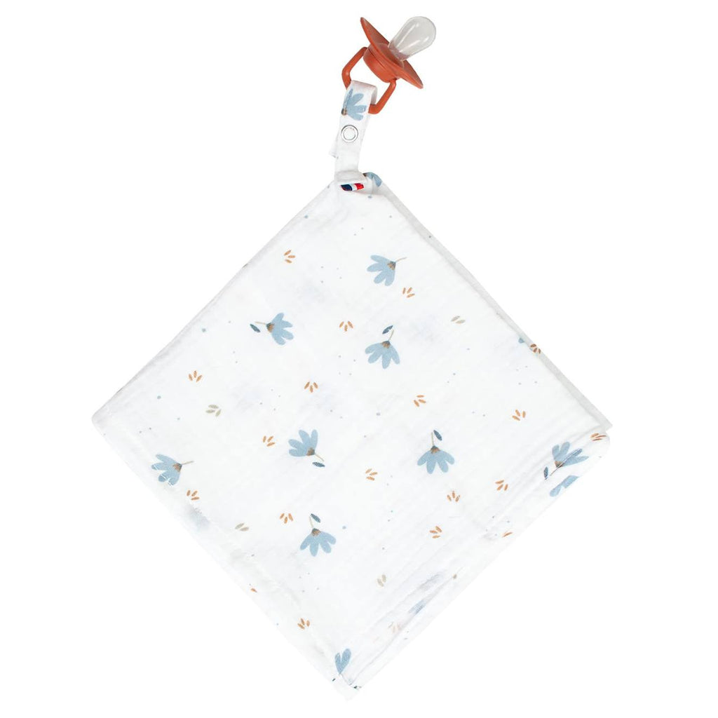 Doudou lange attache tétine en gaze de coton bleuet imprimé floral