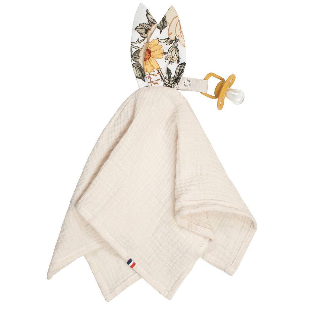 Doudou lapin attache tétine en gaze de coton néo vintage néo vintage imprimé floral, be