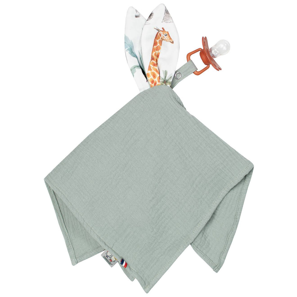 Doudou lapin attache tétine en gaze de coton safari vert de gris