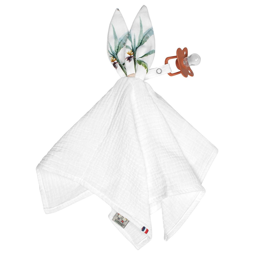 Doudou lapin attache tétine en gaze de coton safari blanc
