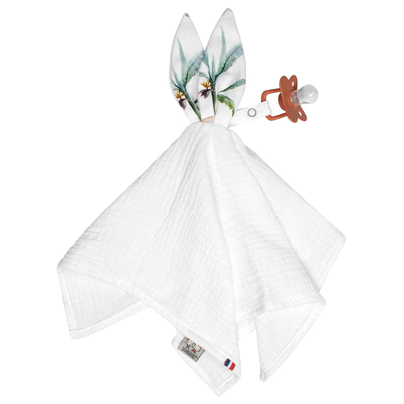 Doudou lapin attache tétine en gaze de coton safari blanc