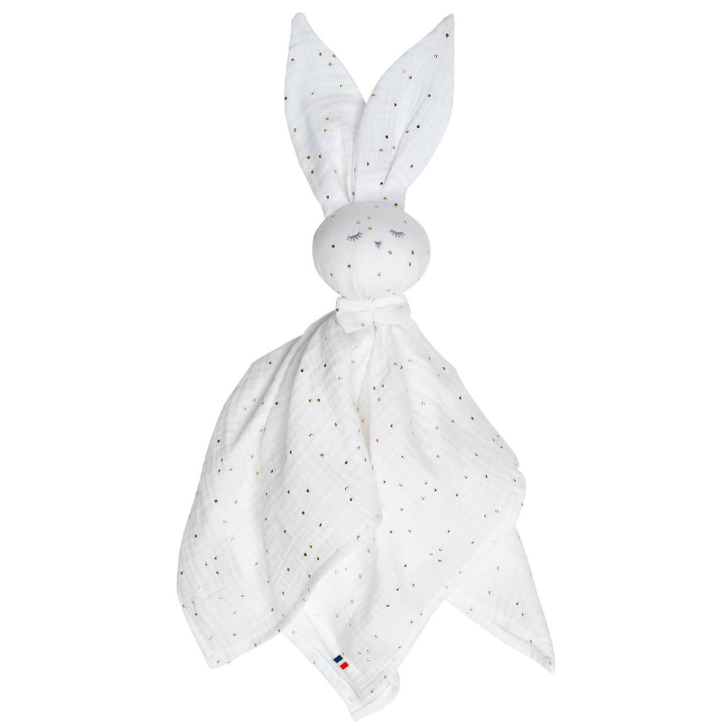 Doudou lapin en gaze de coton jeanne blanc à pois or