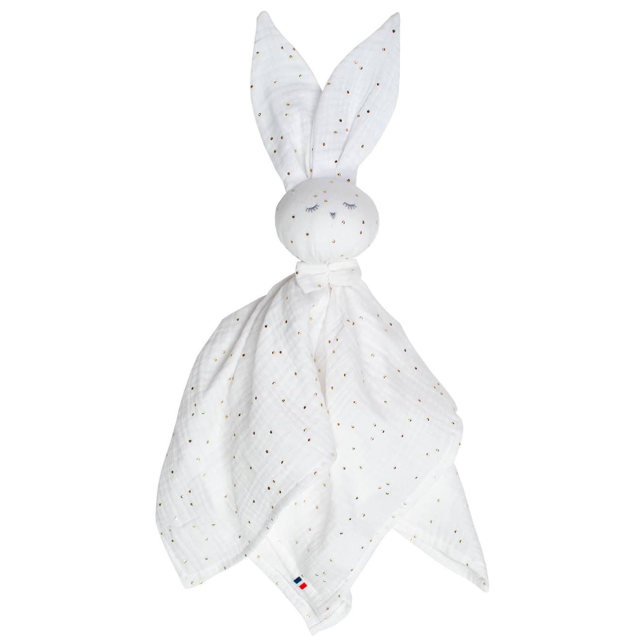 Doudou lapin en gaze de coton jeanne blanc à pois or