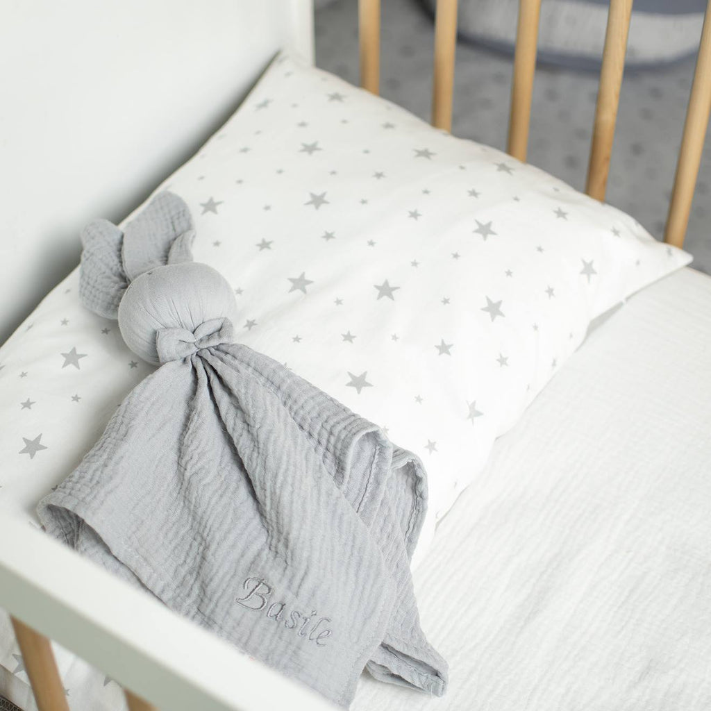 Doudou lapin en gaze de coton jeanne gris
