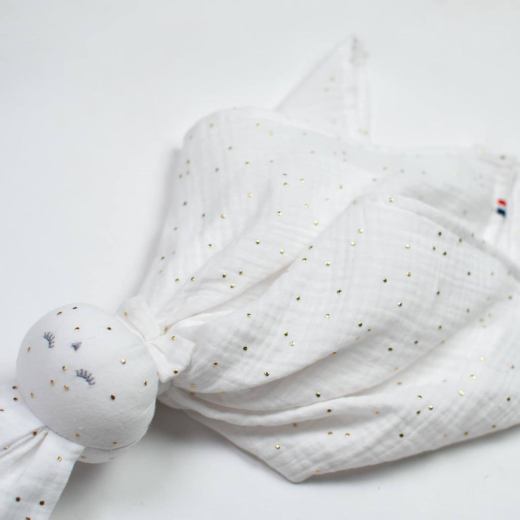 Doudou lapin en gaze de coton jeanne blanc à pois or