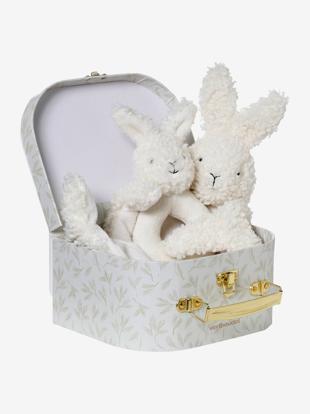 Doudou lapin et hochet en sherpa personnalisable avec mallette blanc