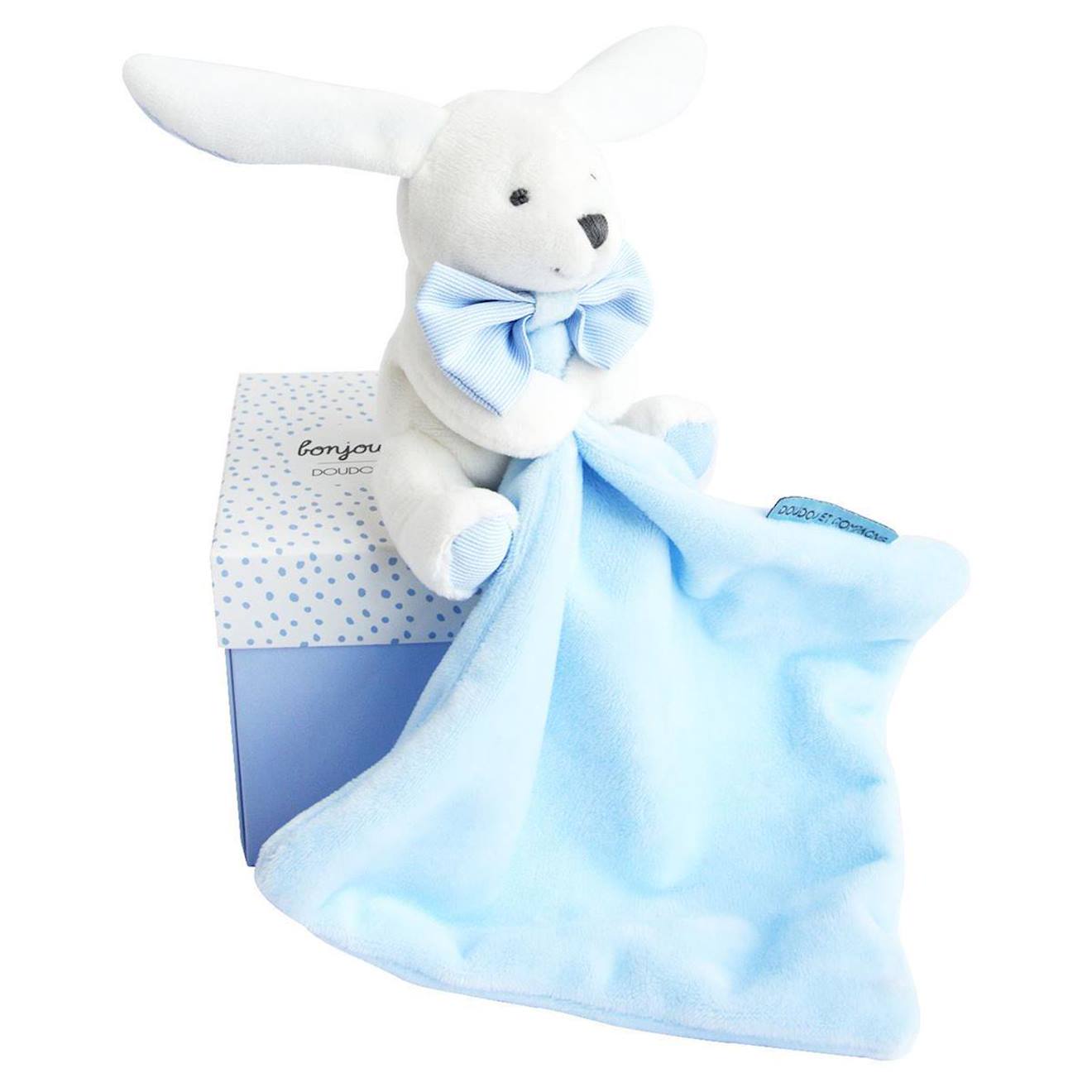 Doudou lapin mouchoir bleu boîte fleur bleu