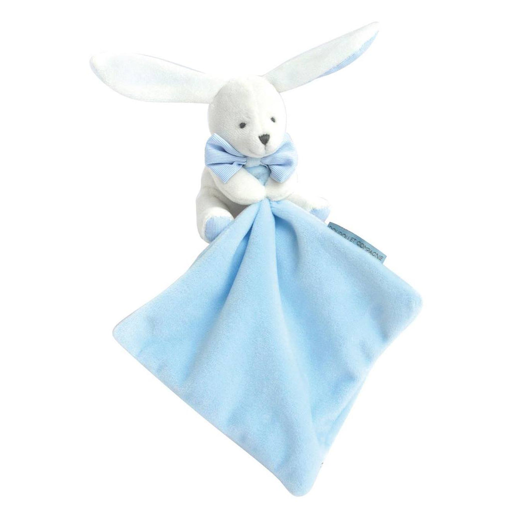 Doudou lapin mouchoir bleu boîte fleur bleu