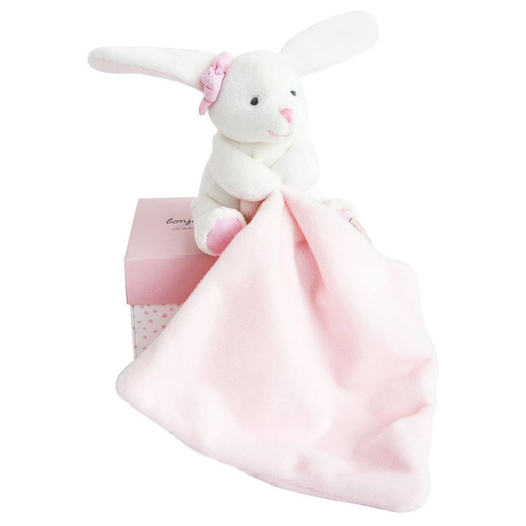 Doudou lapin mouchoir rose boîte fleur rose