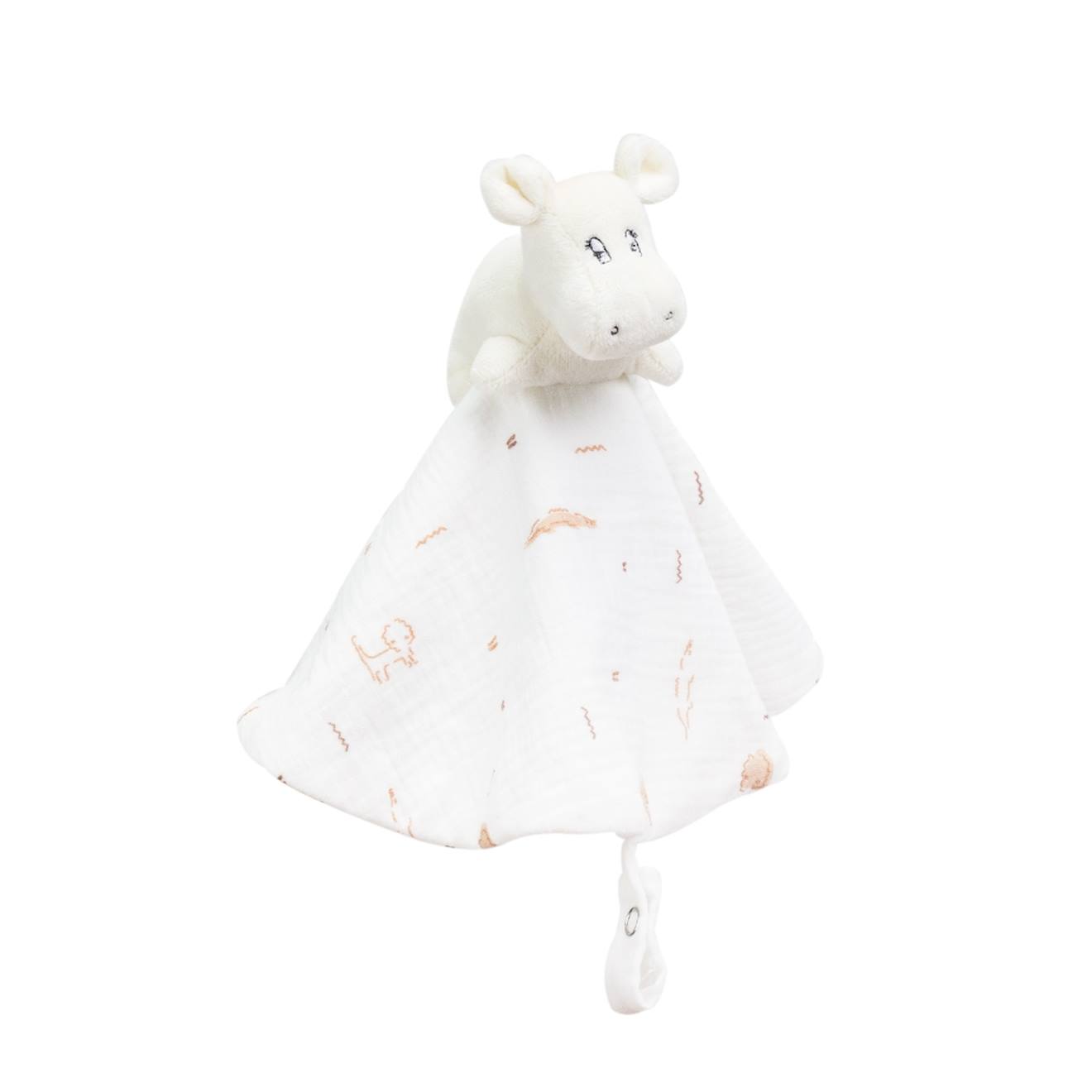 Doudou mouchoir rond en mousseline de coton - modèle hippo ecru