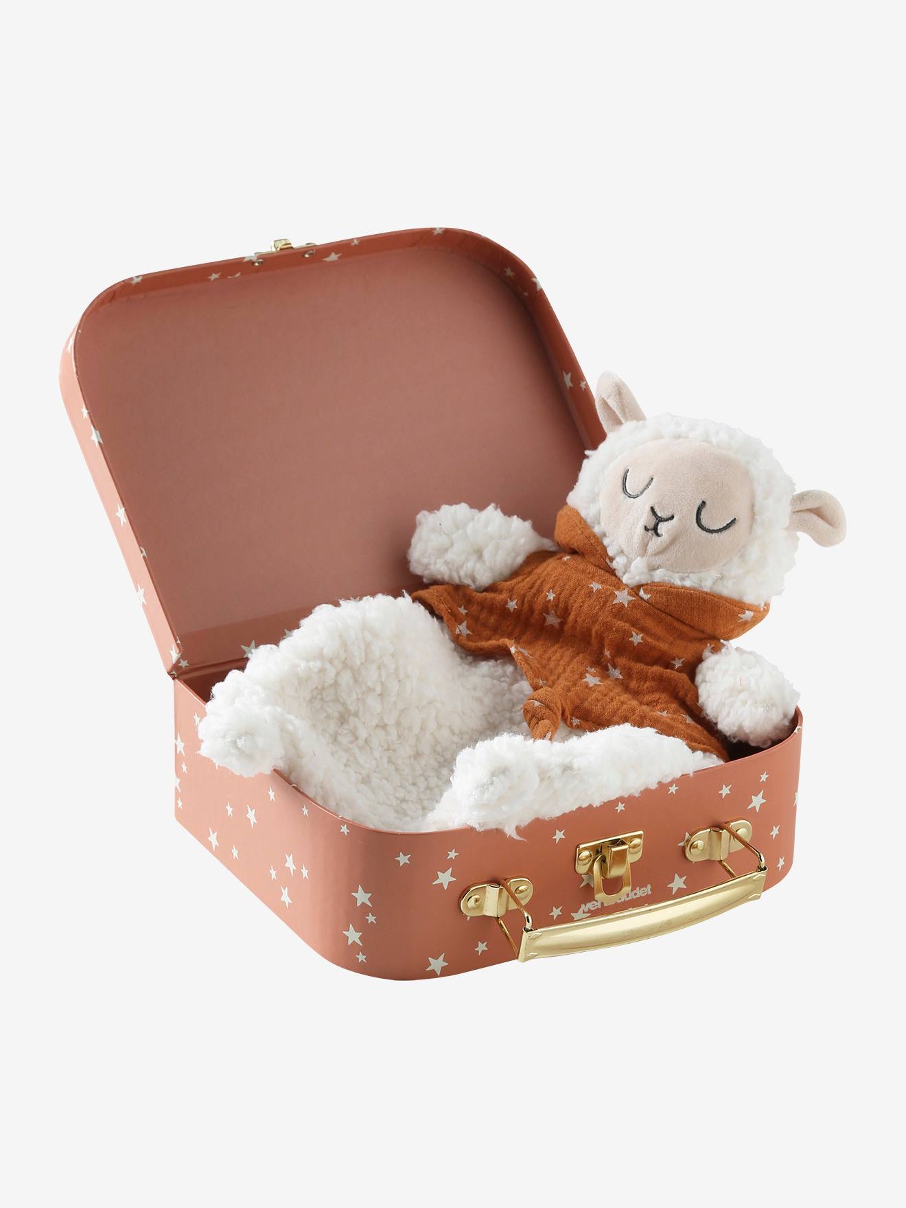 Doudou mouton bi-matière avec mallette beige