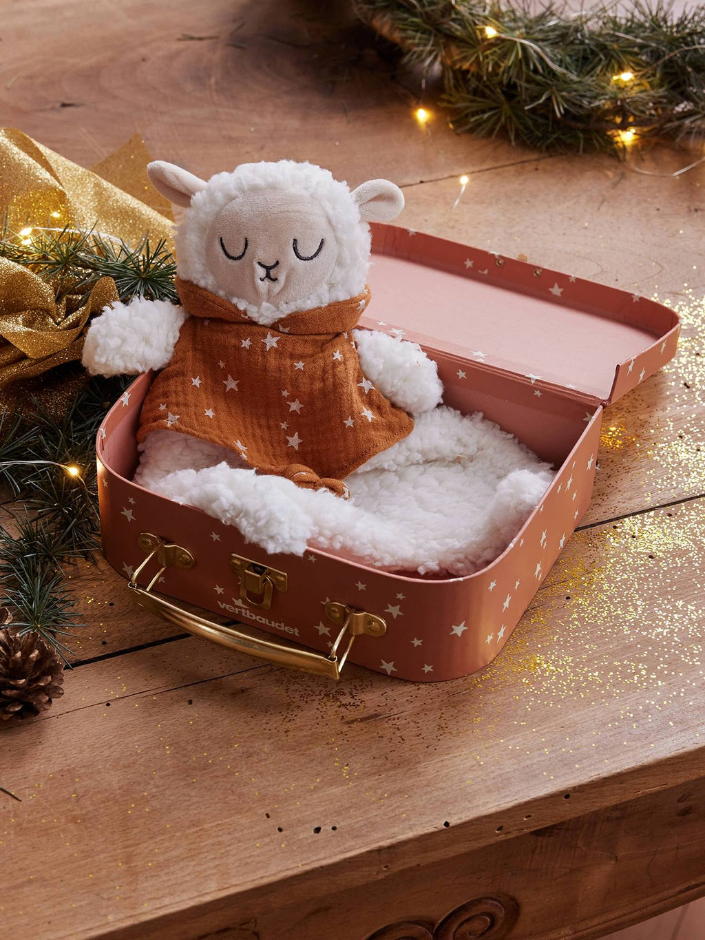 Doudou mouton bi-matière avec mallette beige