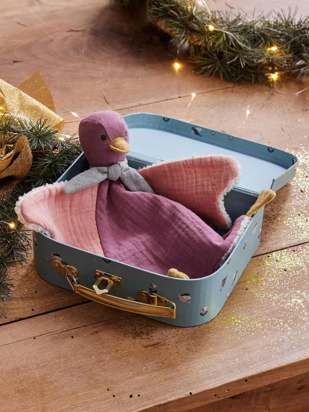 Doudou oiseau bi-matière personnalisable avec mallette rose