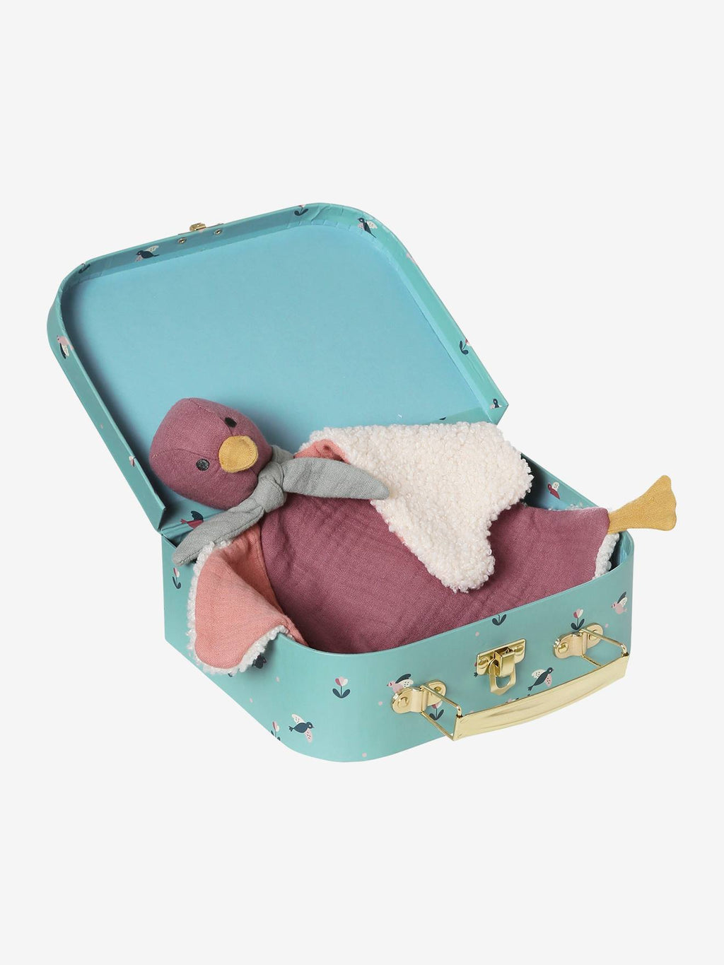 Doudou oiseau bi-matière personnalisable avec mallette rose