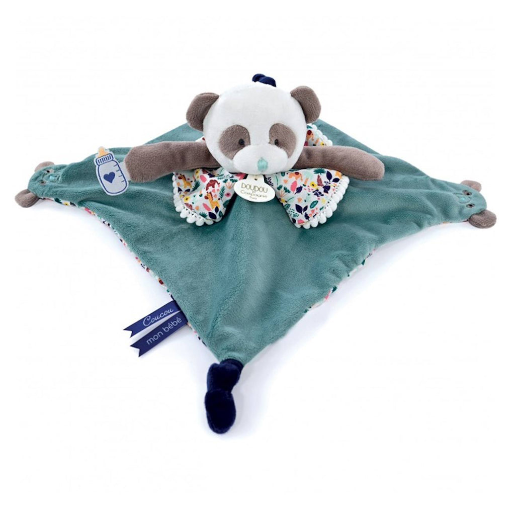 Doudou panda avec marionnette à doigts bleu