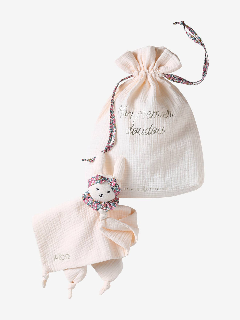 Doudou personnalisable en gaze de coton bio et tissu liberty rose pâle