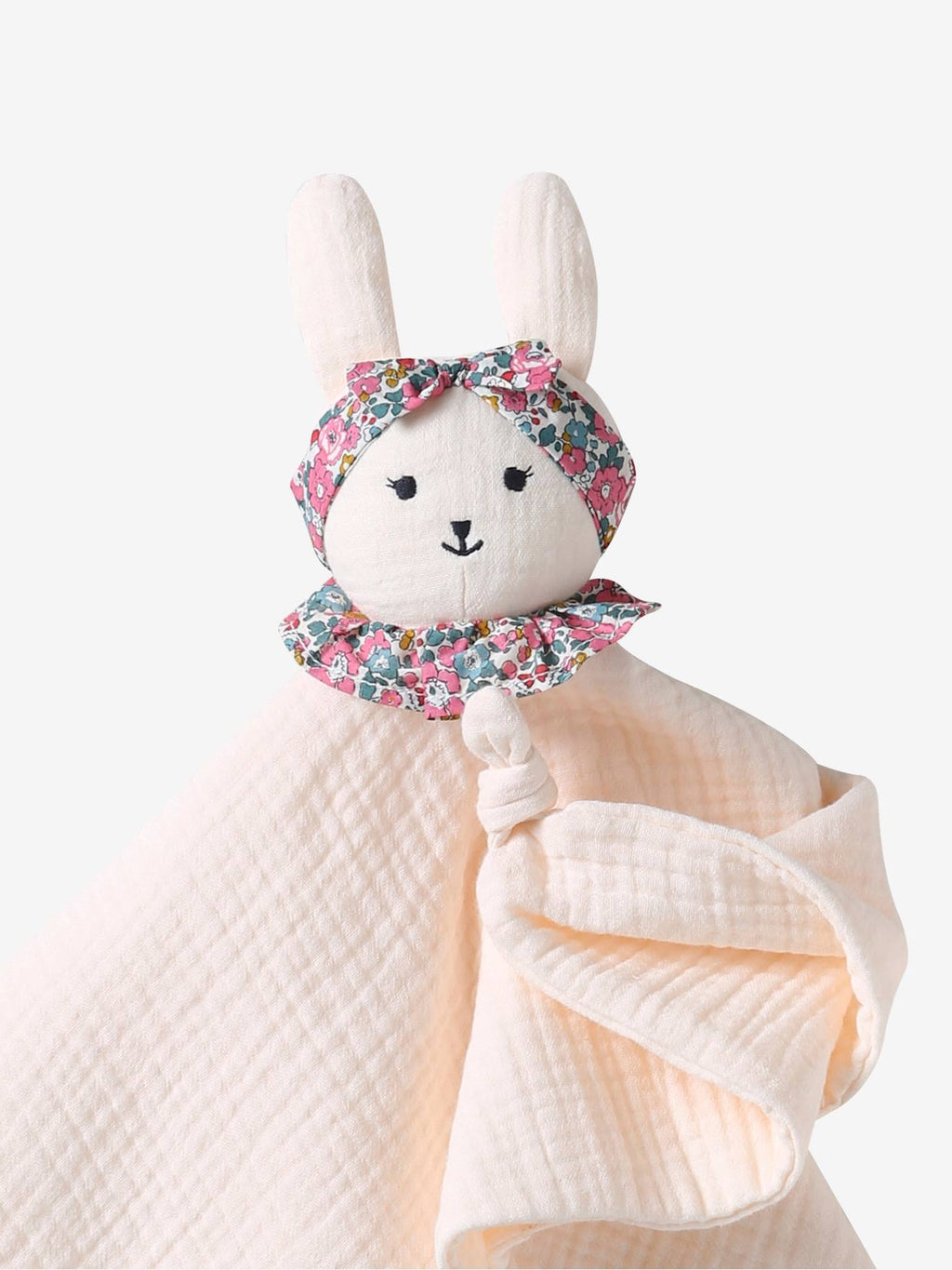 Doudou personnalisable en gaze de coton bio et tissu liberty rose pâle
