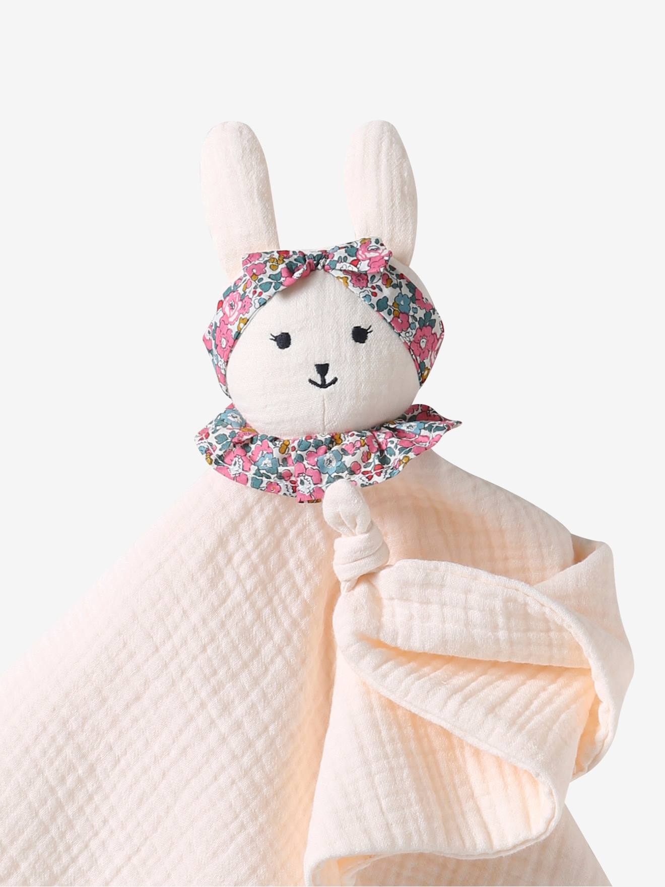 Doudou personnalisable en gaze de coton bio et tissu liberty rose pâle