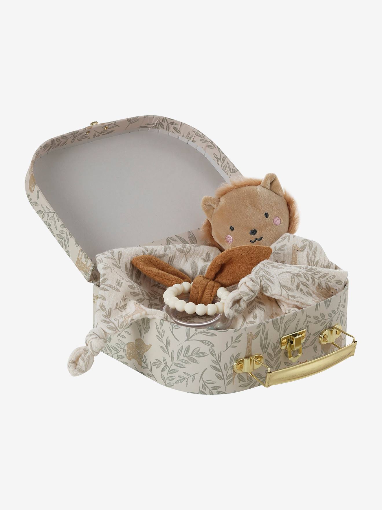 Doudou personnalisable en gaze de coton + hochet et valisette babylon vert