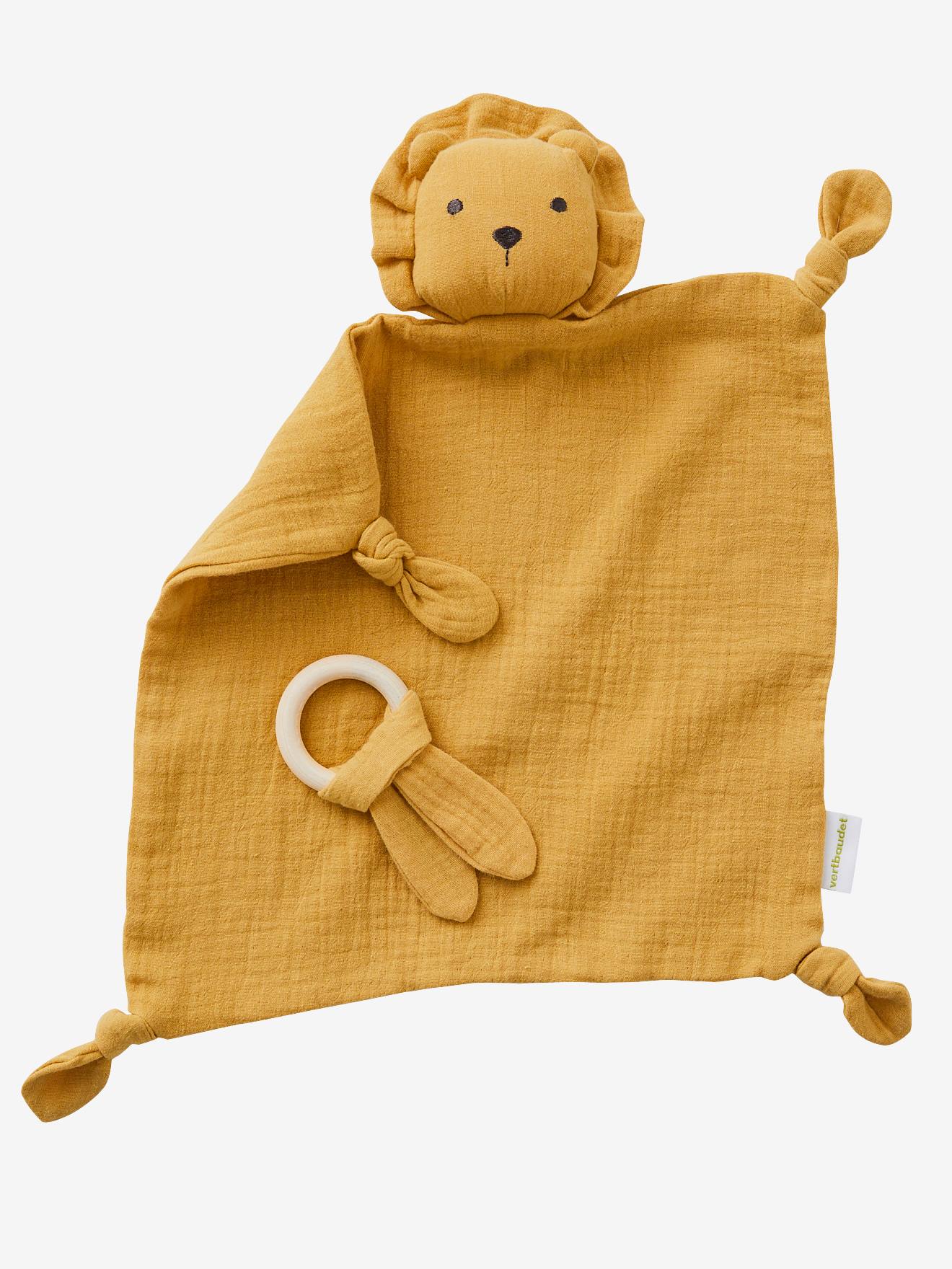 Doudou personnalisable en gaze de coton + hochet rond curry