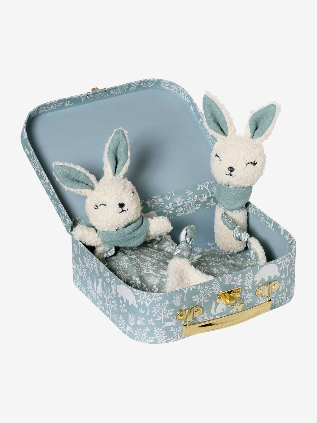 Doudou plat lapin personnalisable + hochet en mallette dans les bois