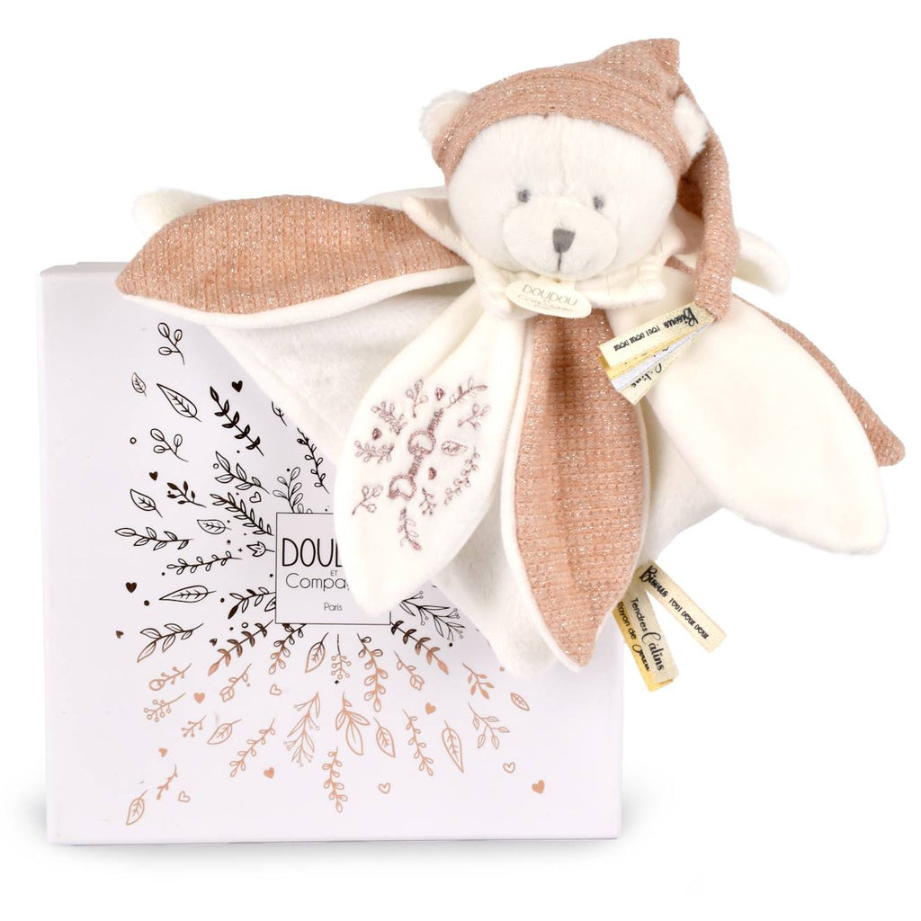 Doudou plat pétales ours 25 cm rose