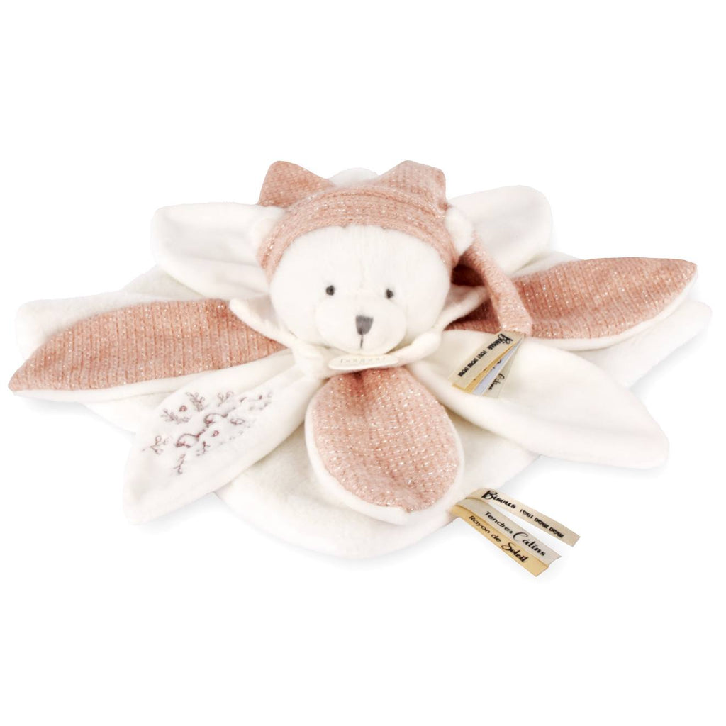 Doudou plat pétales ours 25 cm rose