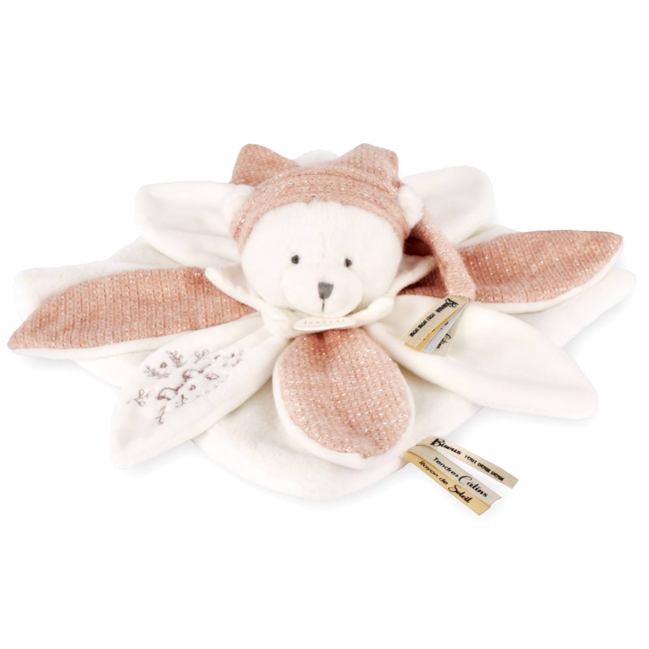 Doudou plat pétales ours 25 cm rose