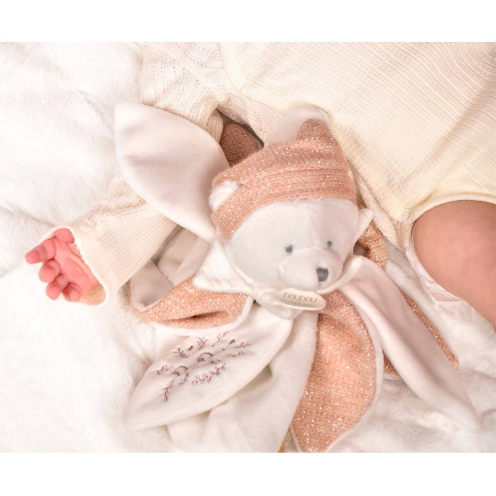 Doudou plat pétales ours 25 cm rose