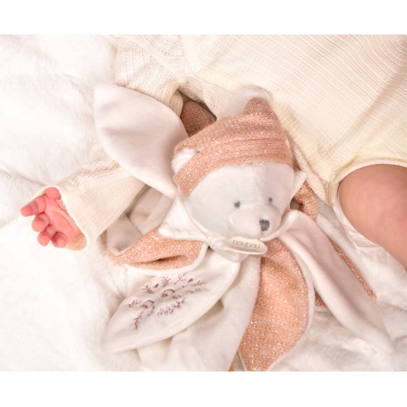 Doudou plat pétales ours 25 cm rose