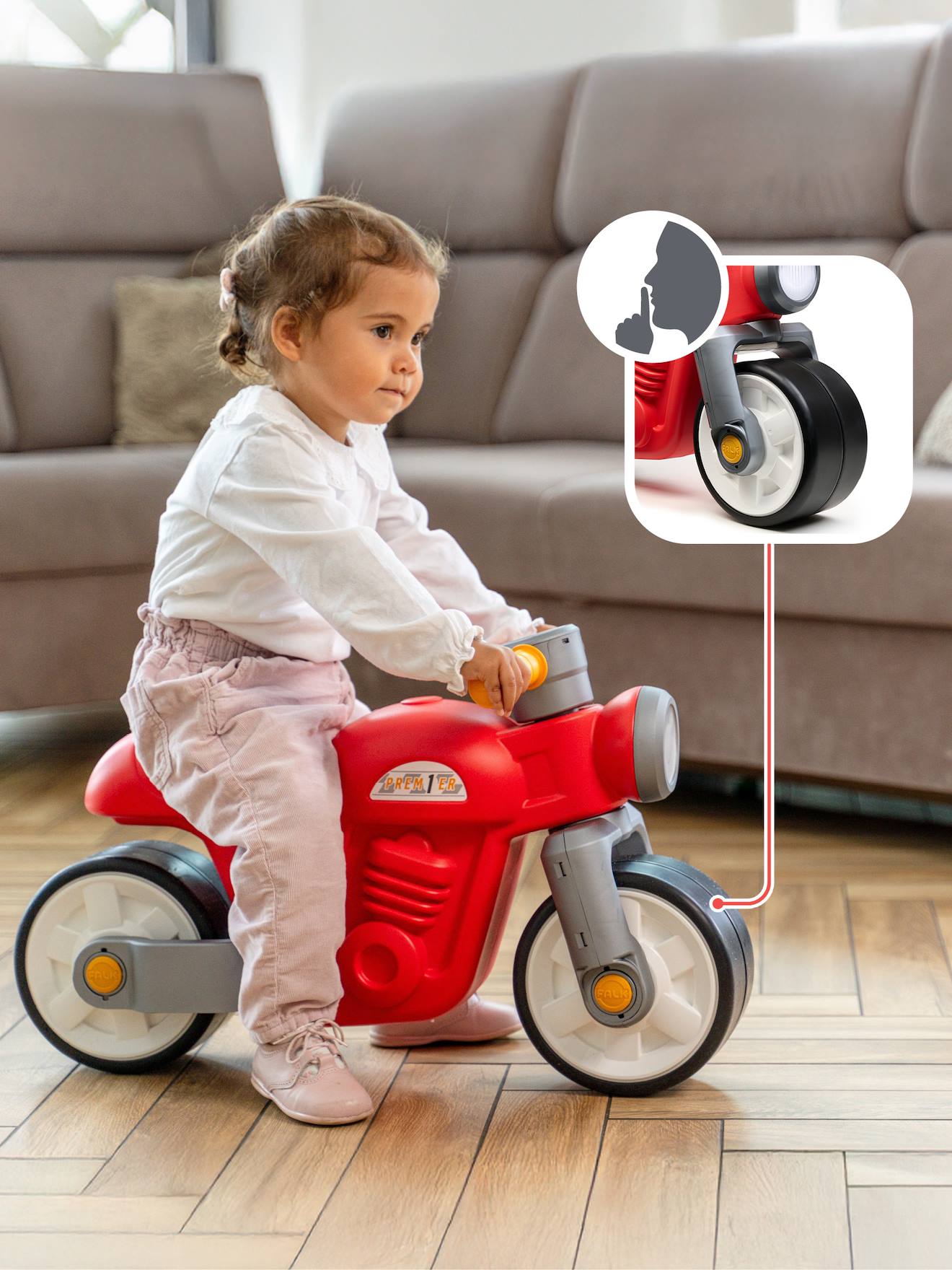 Draisienne moto premier avec roues silencieuses rouge