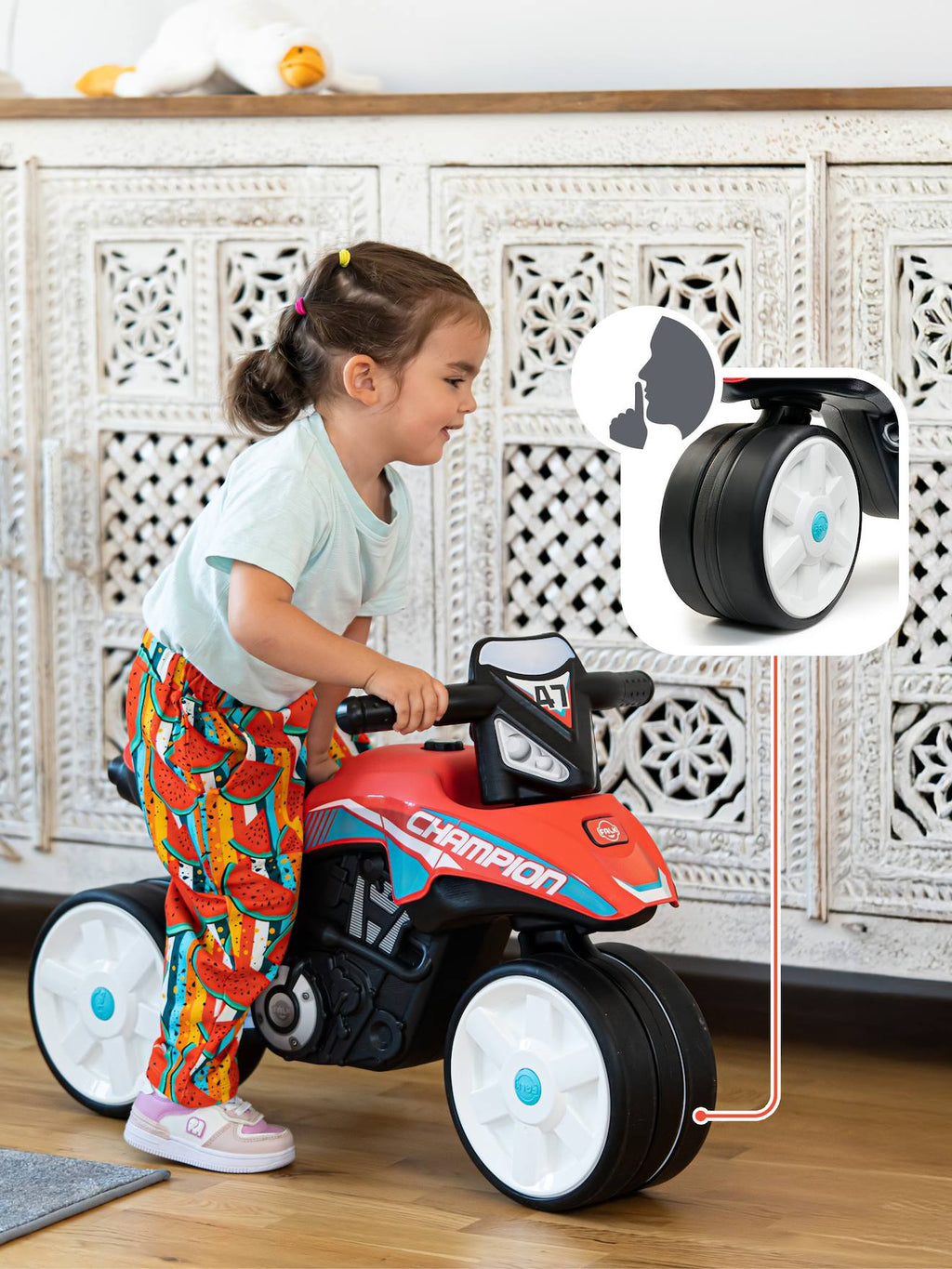 Draisienne moto street avec roues silencieuses rouge corail