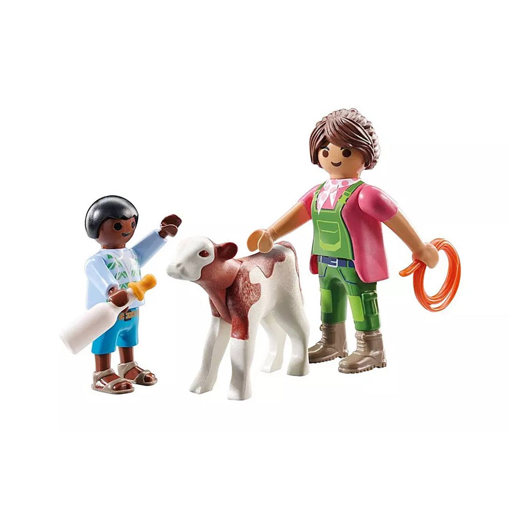 Duo : fermière avec enfant donnant le biberon à un veau 71803 multicolore