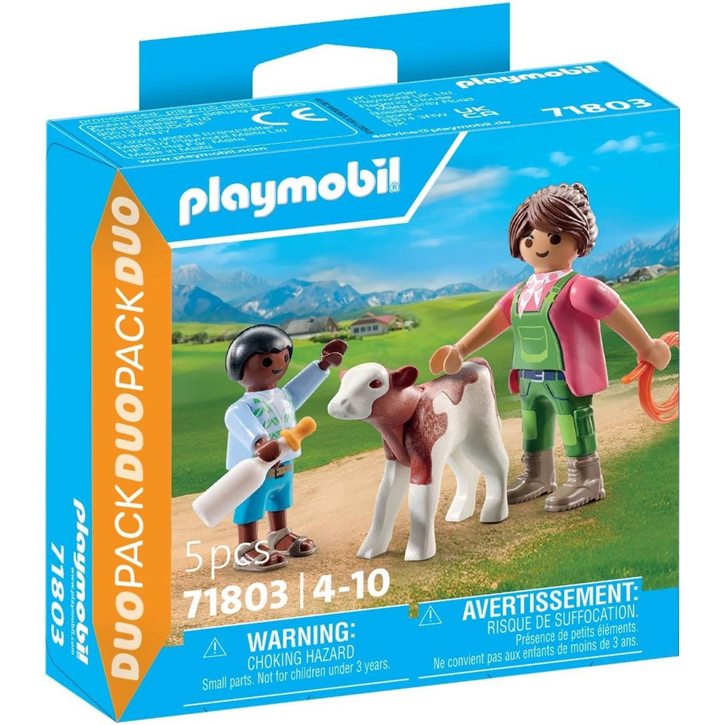 Duo : fermière avec enfant donnant le biberon à un veau 71803 multicolore