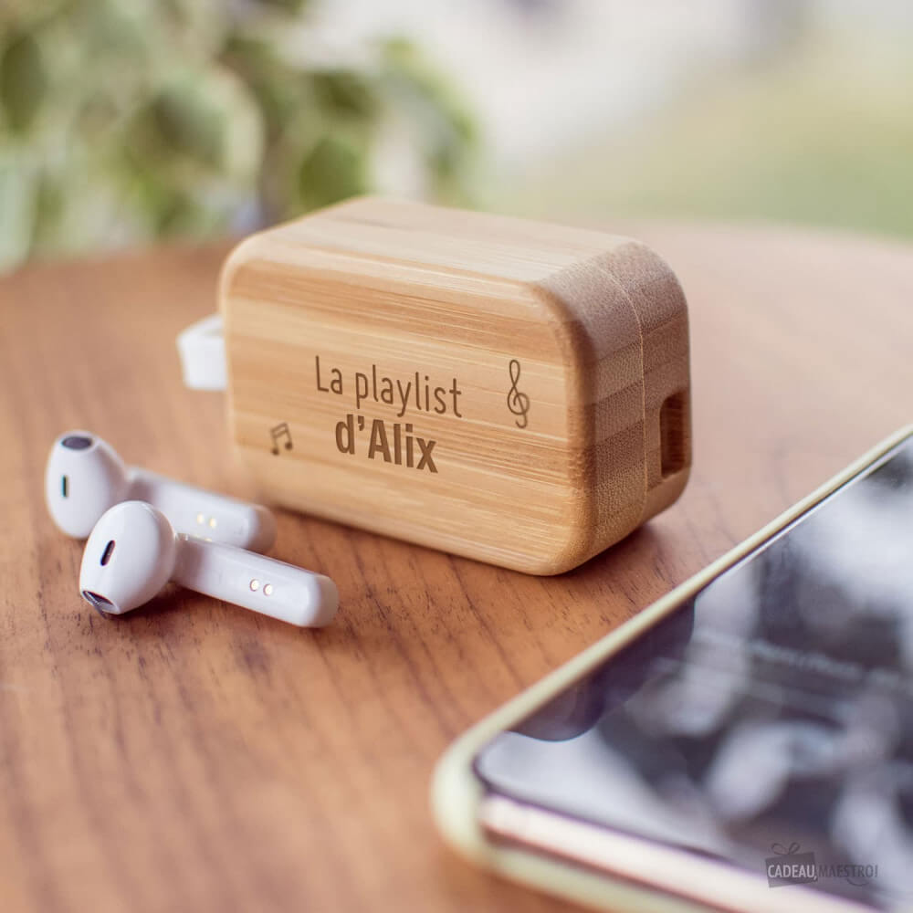 Écouteurs Bluetooth avec Boîtier de Charge en Bambou à Personnaliser - Musique