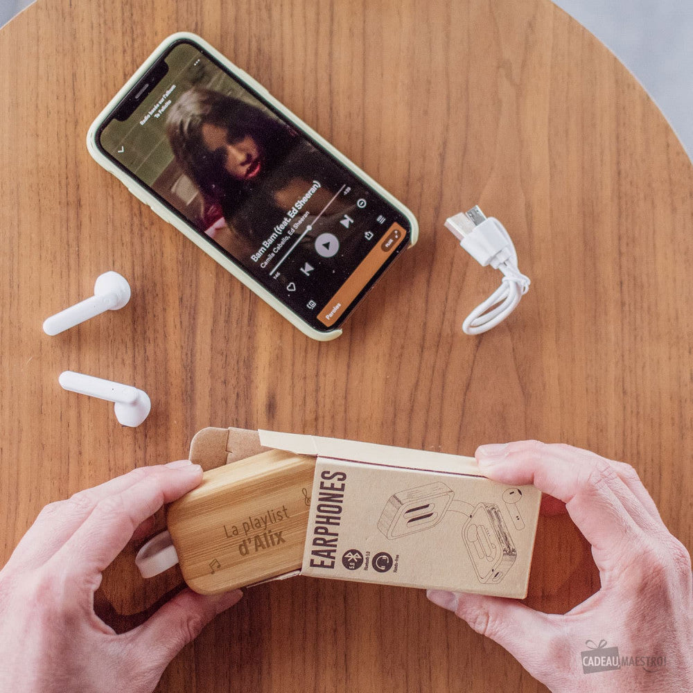 Écouteurs Bluetooth avec Boîtier de Charge en Bambou à Personnaliser - Musique