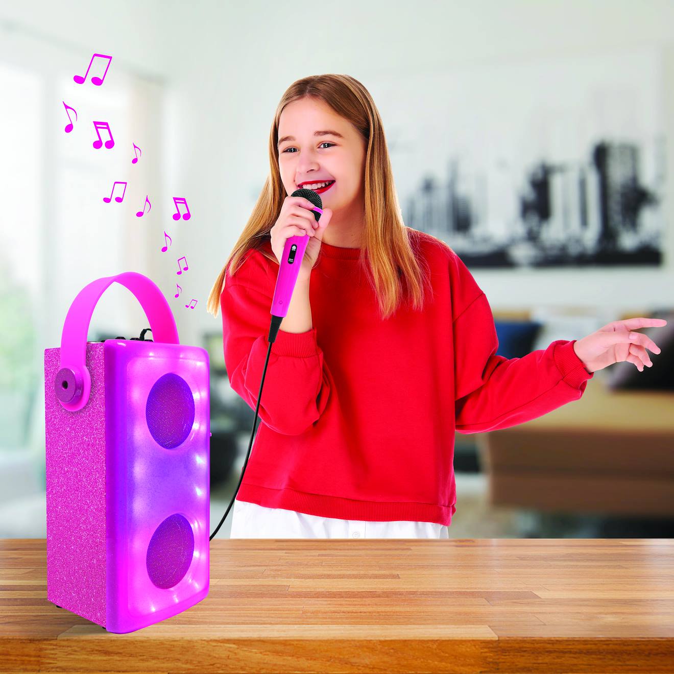Enceinte Bluetooth lumineuse rose avec micro multicolore
