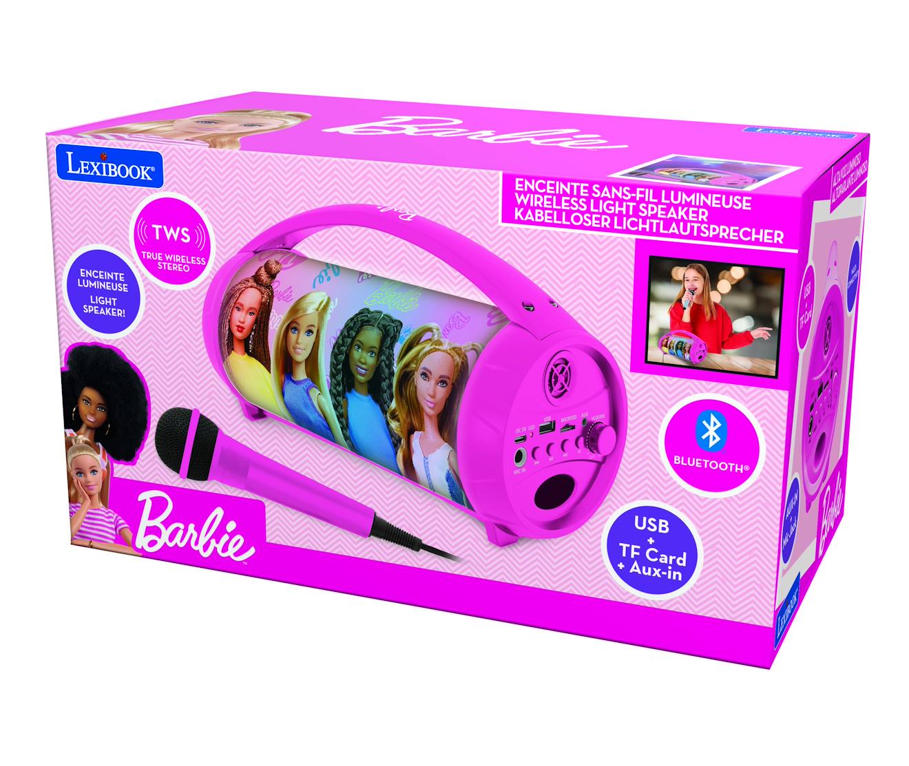 Enceinte Bluetooth sans-fil lumineuse avec micro Barbie multicolore