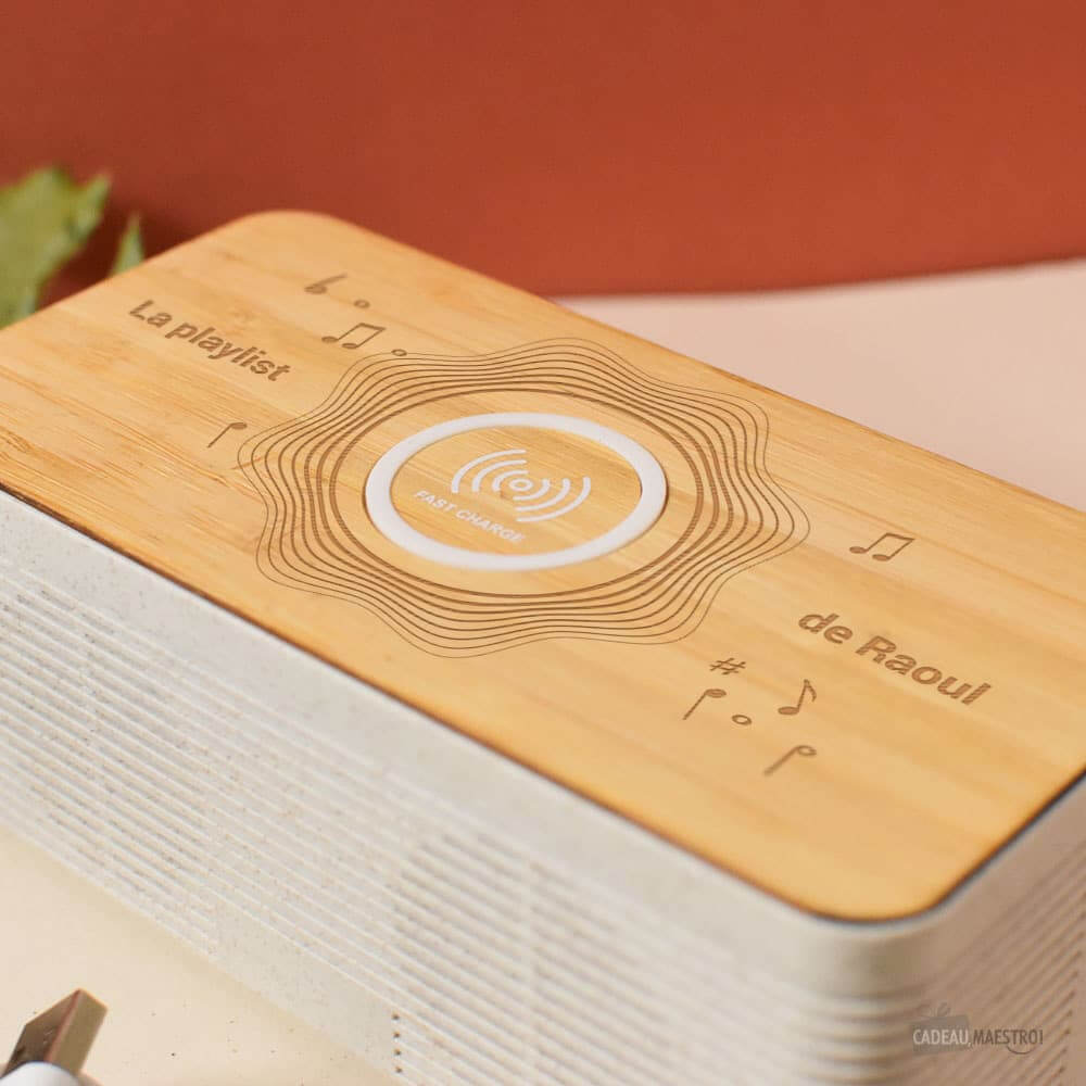 Enceinte Chargeur sans Fil Bambou à Personnaliser - Enceinte Personnalisée CadoMaestro