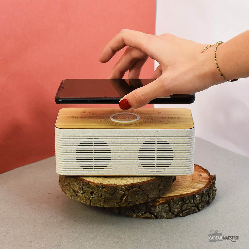 Enceinte Chargeur sans Fil Bambou à Personnaliser - Enceinte Personnalisée CadoMaestro