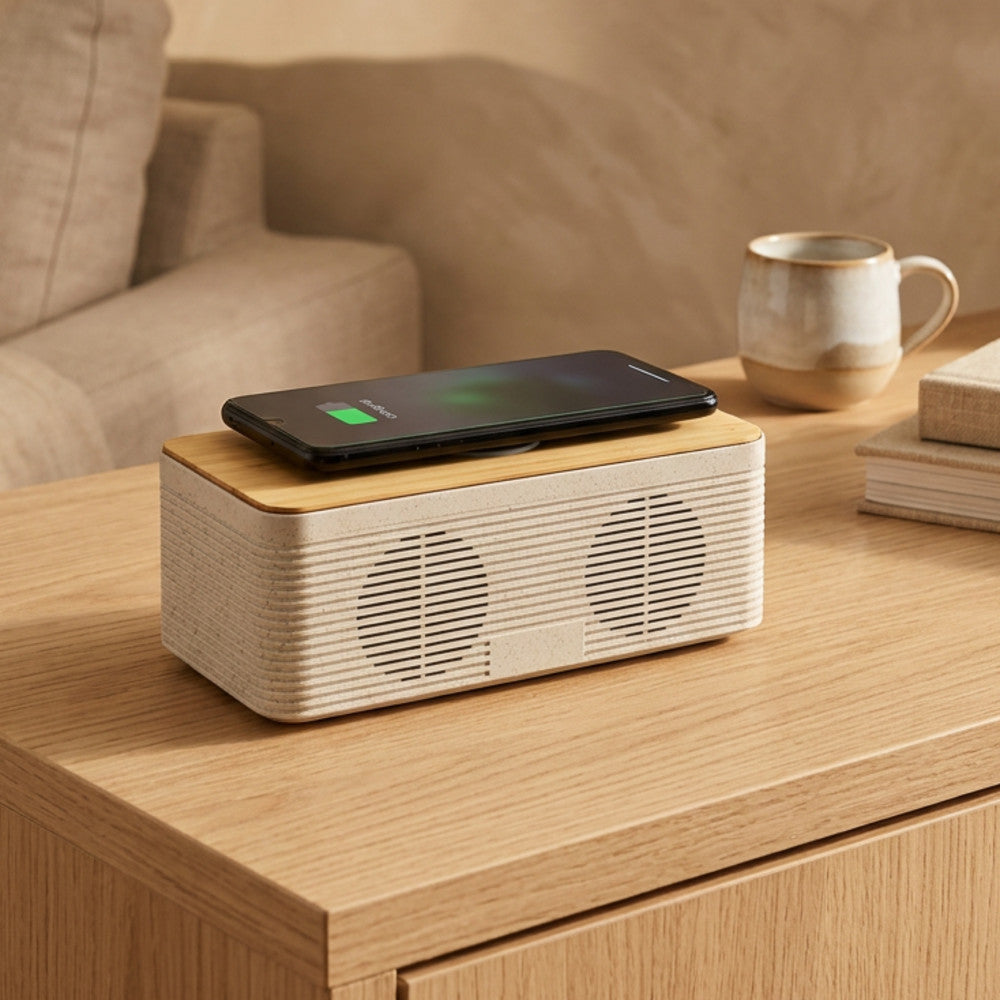 Enceinte Chargeur Sans Fil Bambou - Enceinte Personnalisée