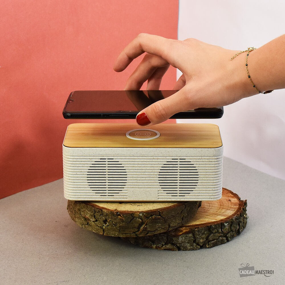 Enceinte Chargeur Sans Fil Bambou - Enceinte Personnalisée CadoMaestro