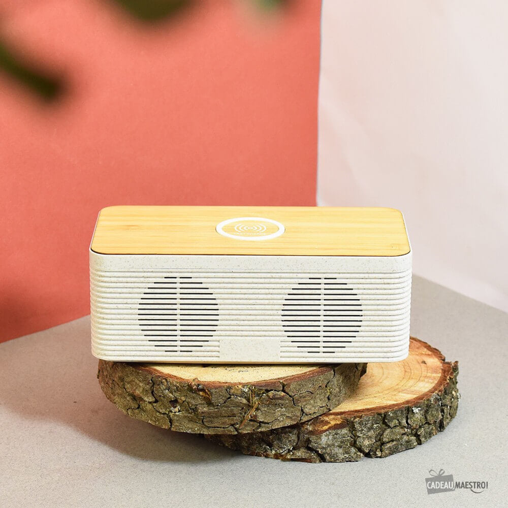 Enceinte Chargeur Sans Fil Bambou - Enceinte Personnalisée CadoMaestro