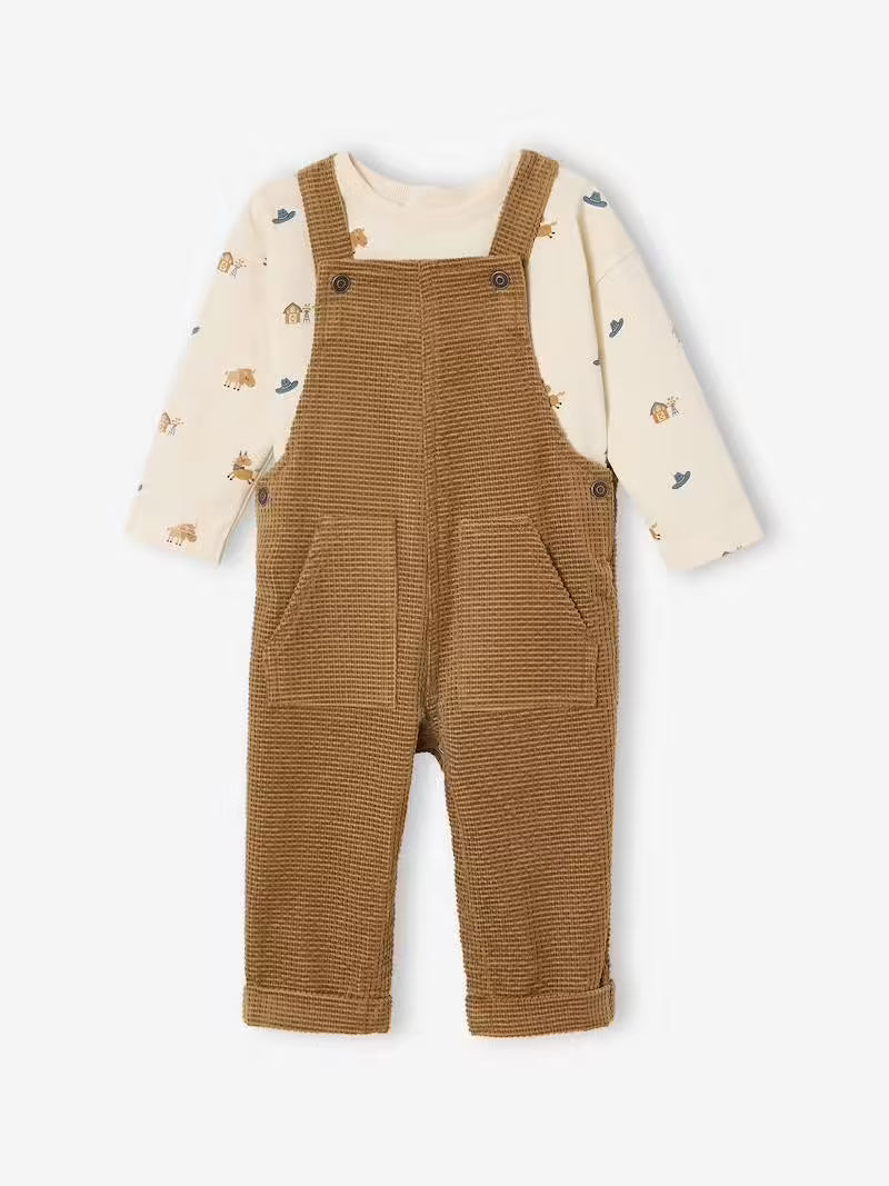 Ensemble bébé salopette en velours + T-shirt – Caramel - Vertbaudet