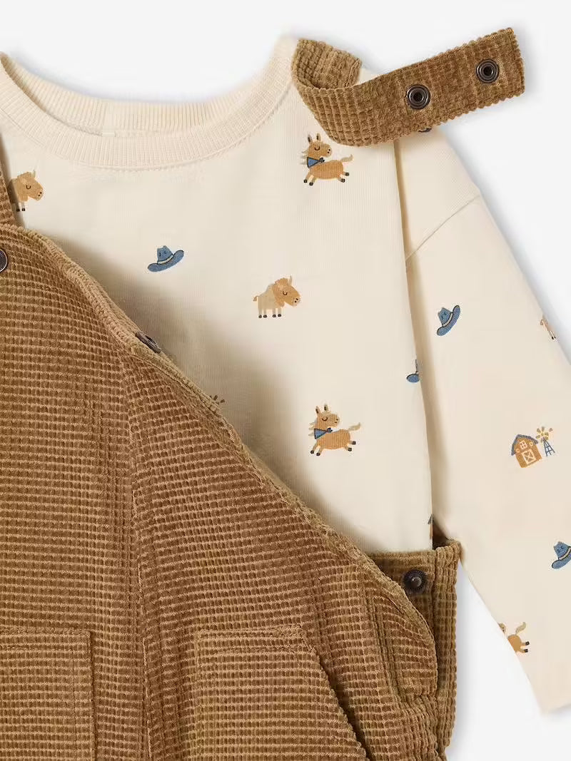 Ensemble bébé salopette en velours + T-shirt – Caramel - Vertbaudet