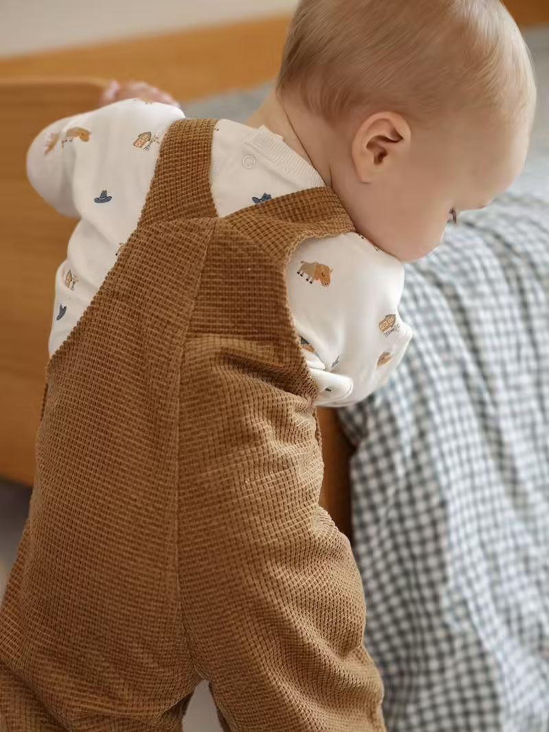 Ensemble bébé salopette en velours + T-shirt – Caramel - Vertbaudet