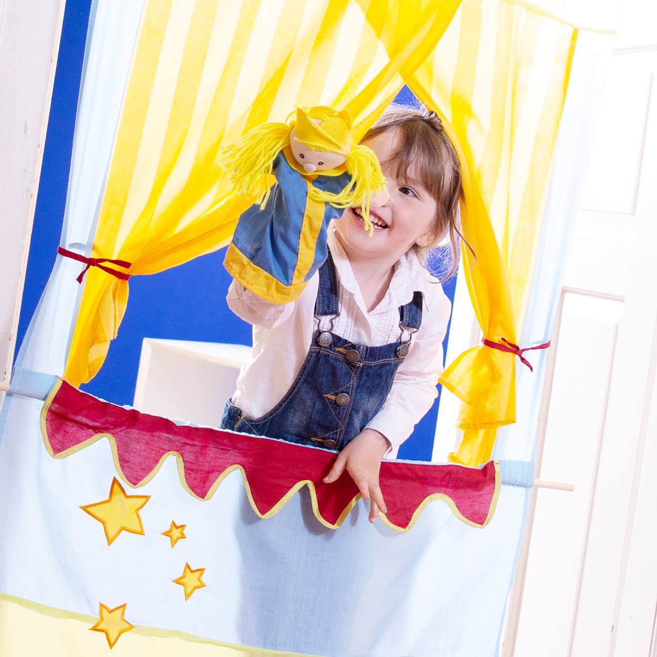 Ensemble de 6 marionnettes à main en tissu punch et judy rouge, bleu et jaune
