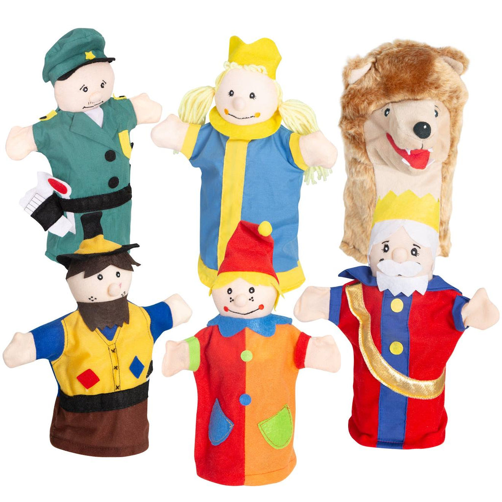 Ensemble de 6 marionnettes à main en tissu punch et judy rouge, bleu et jaune