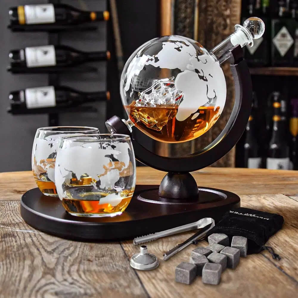 Ensemble Décanteur Globe et Verres (x2) sur Socle Bois - Carafe Vin Originale