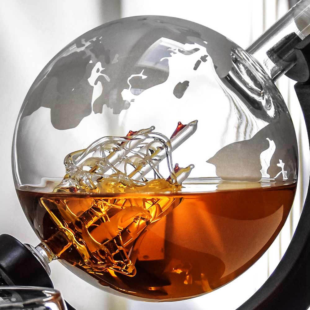 Ensemble Décanteur Globe et Verres (x2) sur Socle Bois - Carafe Vin Originale CadoMaestro